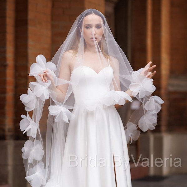 3D Floral Cathedral Wedding Veil: Long Flowered Bridal Veil