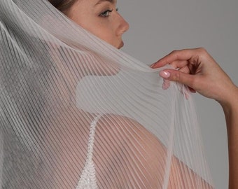 Pleated wedding veil, wedding veil with pleated tulle, bridal corrugation veil, cathedral fingertip minimalist veil, plain light ivory veil