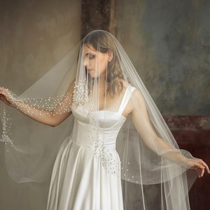 Pearl edge Wedding Veil wedding veil Cathedral bridal Modern Fingertip Veil with pearl border Ivory Wedding Veil Single Tire Veil image 1