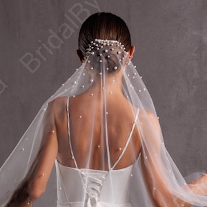 Cascading Pearl Veil with, scattered pearls concentrated at the top of veil, Elegant cathedral bridal veil, cascade fingertips pearl veil