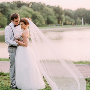 Wedding Veil simple tulle sheer plain bridal veil Raw edge Veil, ivory classic soft bridal veil, plain white wedding veil long 1 tire veil image 5