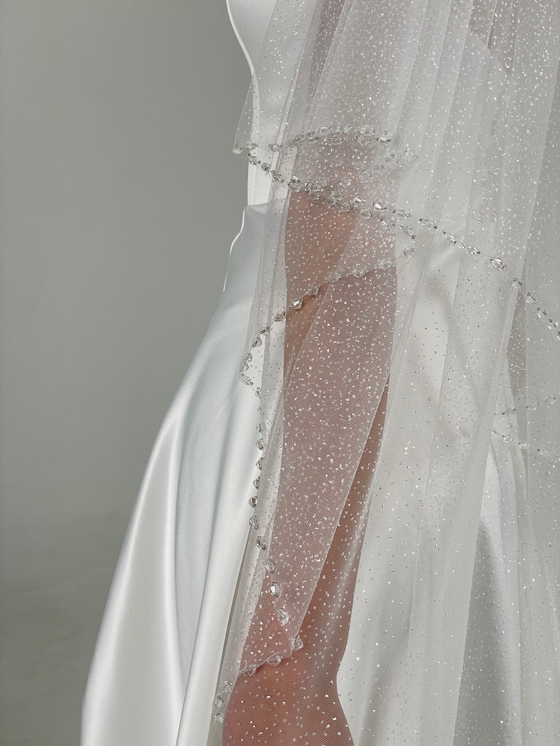 Glitter beaded veil with blusher Cathedral bridal veil with beaded edging Modern Fingertip Veil Ivory Wedding double Tier long veil image 3