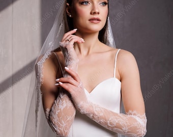 Chantilly Lace Fingerless Wedding Gloves, Bridal Pearl Sleeves