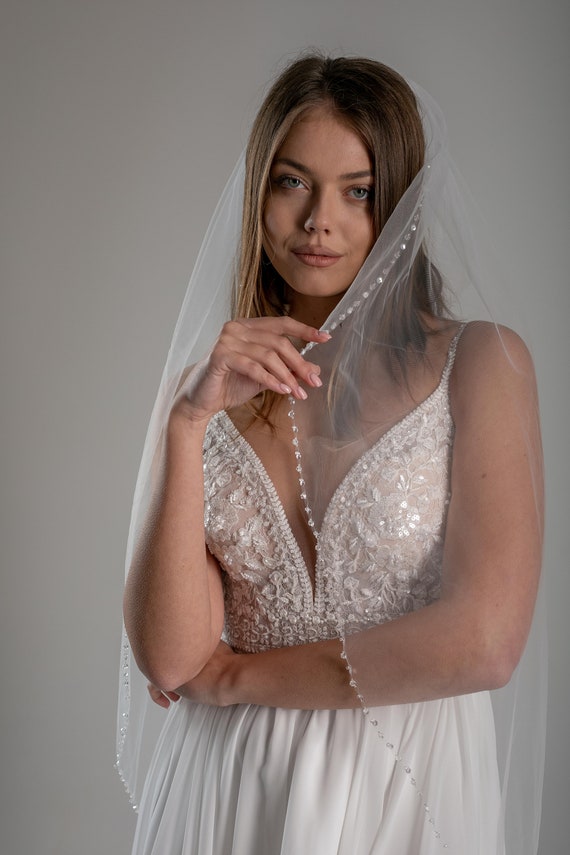 Silver Beaded Edge Cathedral Length Wedding Veil in Ivory