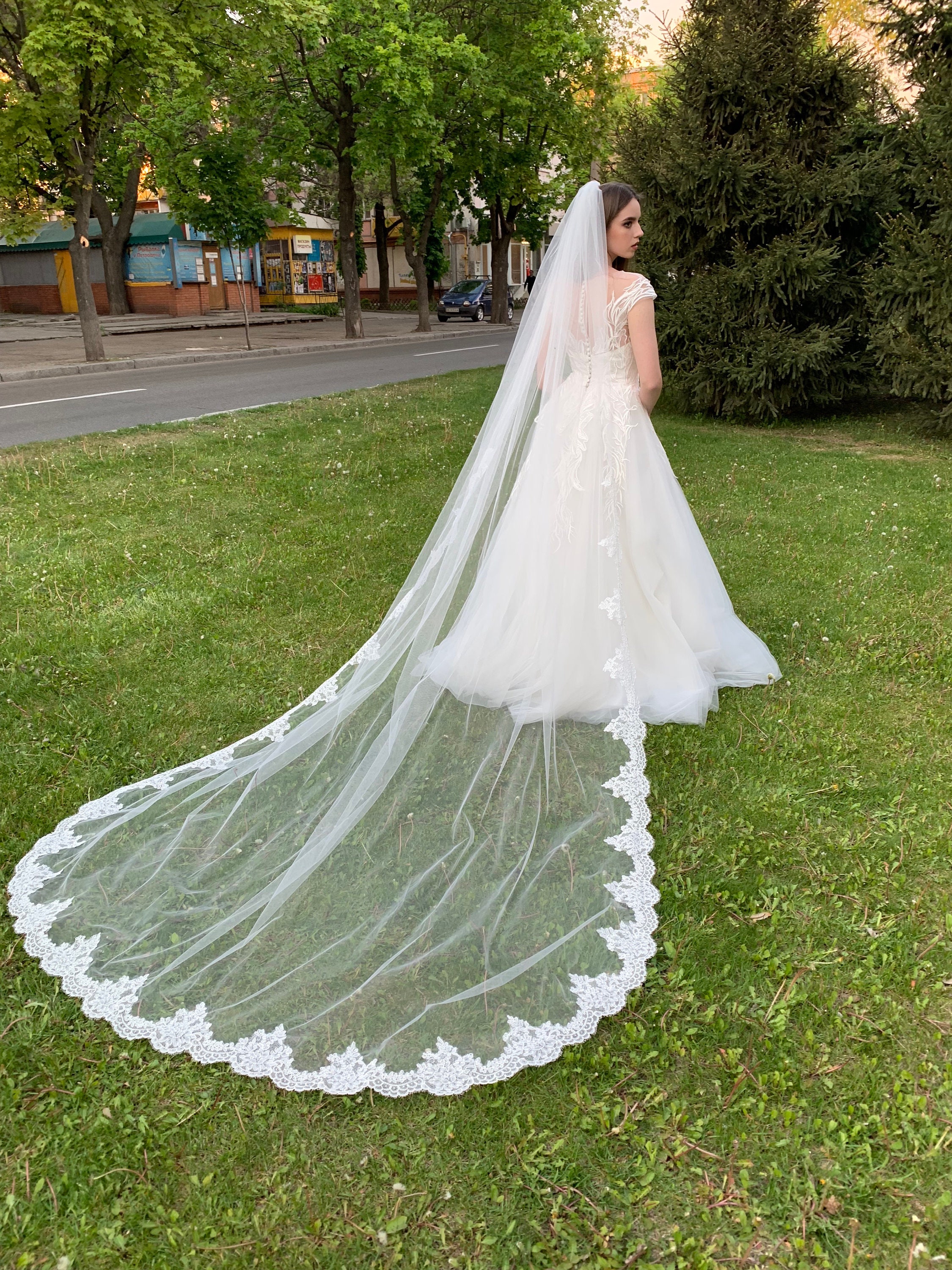 Bride Wedding Lace Veils Long Cathedral Veil Soft Tulle Bridal Veils with Comb 118 (White)
