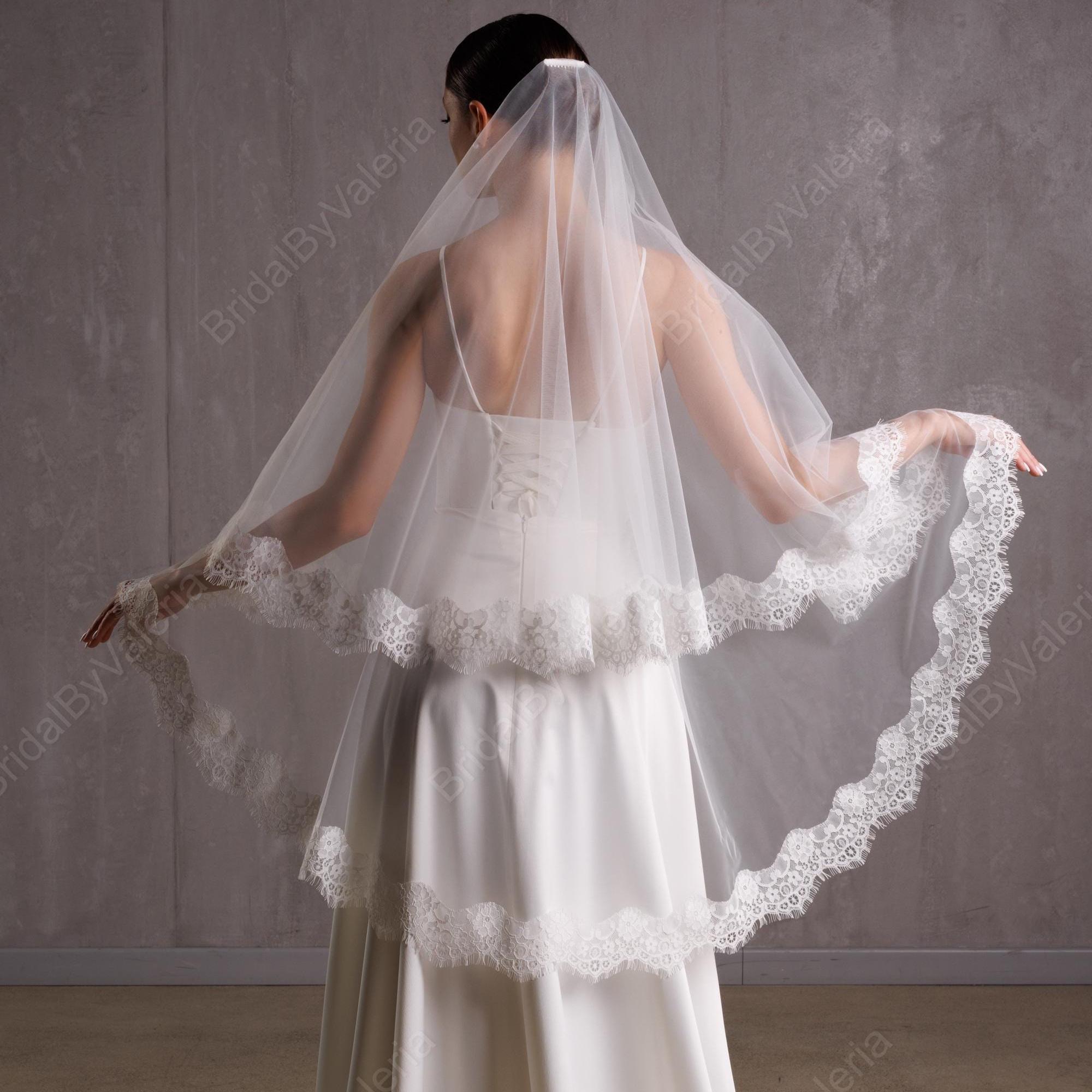 Vintage Lace Pearl Fingertip Two-Tier Blusher Cap White Wedding Bridal Veil Lace Trim Wedding Veil: Two-tier Fingertip Bridal Veil With  main image 2