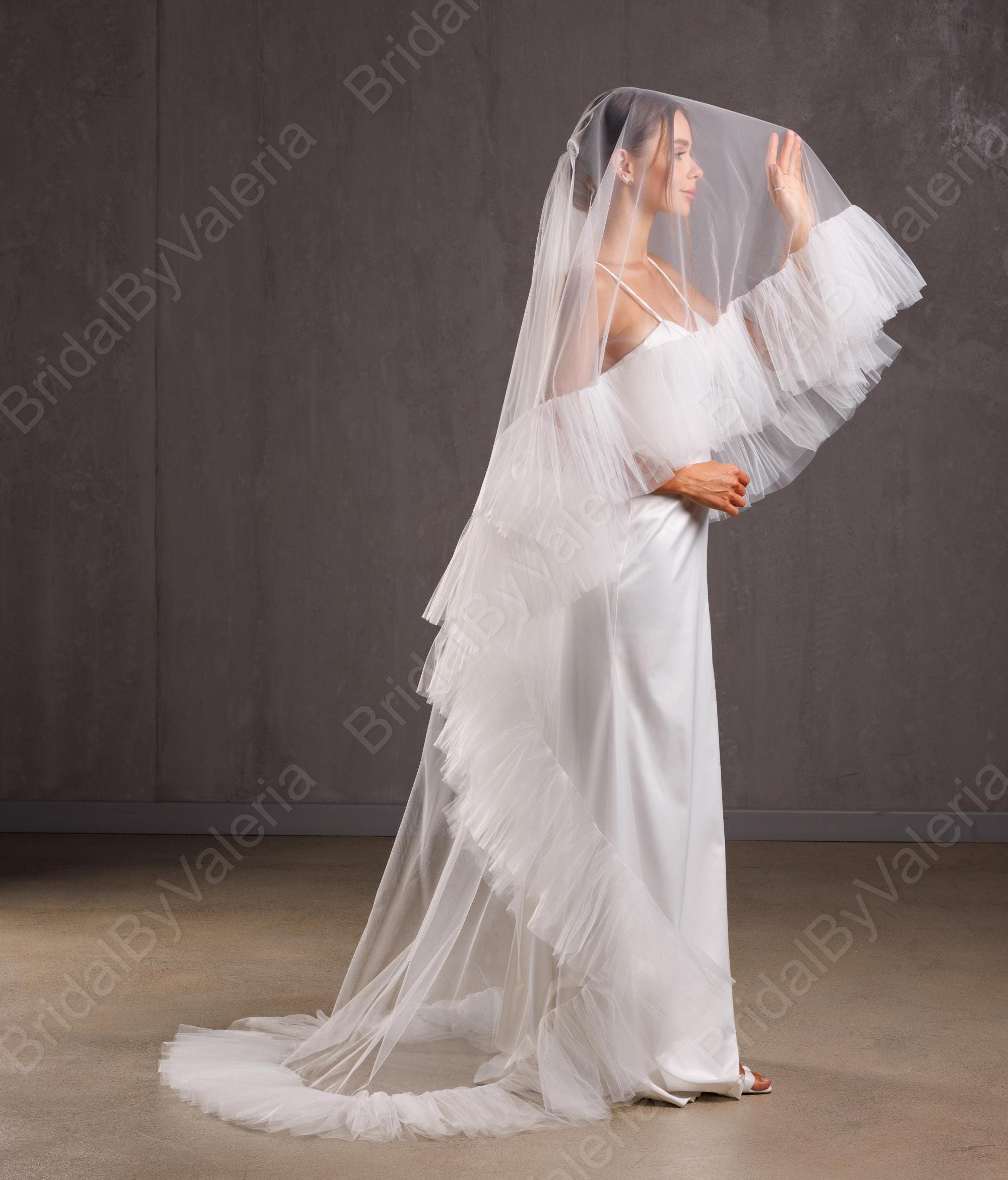 Light Ivory Ruffle Veil - 54” Long with Blusher Wide cathedral veil with extra long blusher - Style #668 main image 4