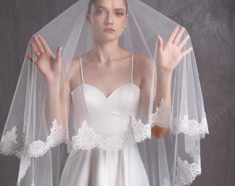 Cathedral Wedding veil Lace wedding veil Lace trim bridal veil 2 tires Fingertip double tiers Veil Ivory Wedding Veil Long bridal veil