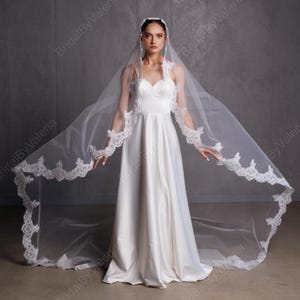 Cathedral Mantilla lace Wedding veil Spanish mantilla Lace trim bridal veil one layered One tiers Veil Catholic Wedding Long bridal veil