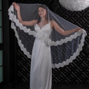 Two layers wedding veil Lace trim bridal veil 2 tires Fingertips double tiers Veil With blusher Long bridal veil 2 layered image 2