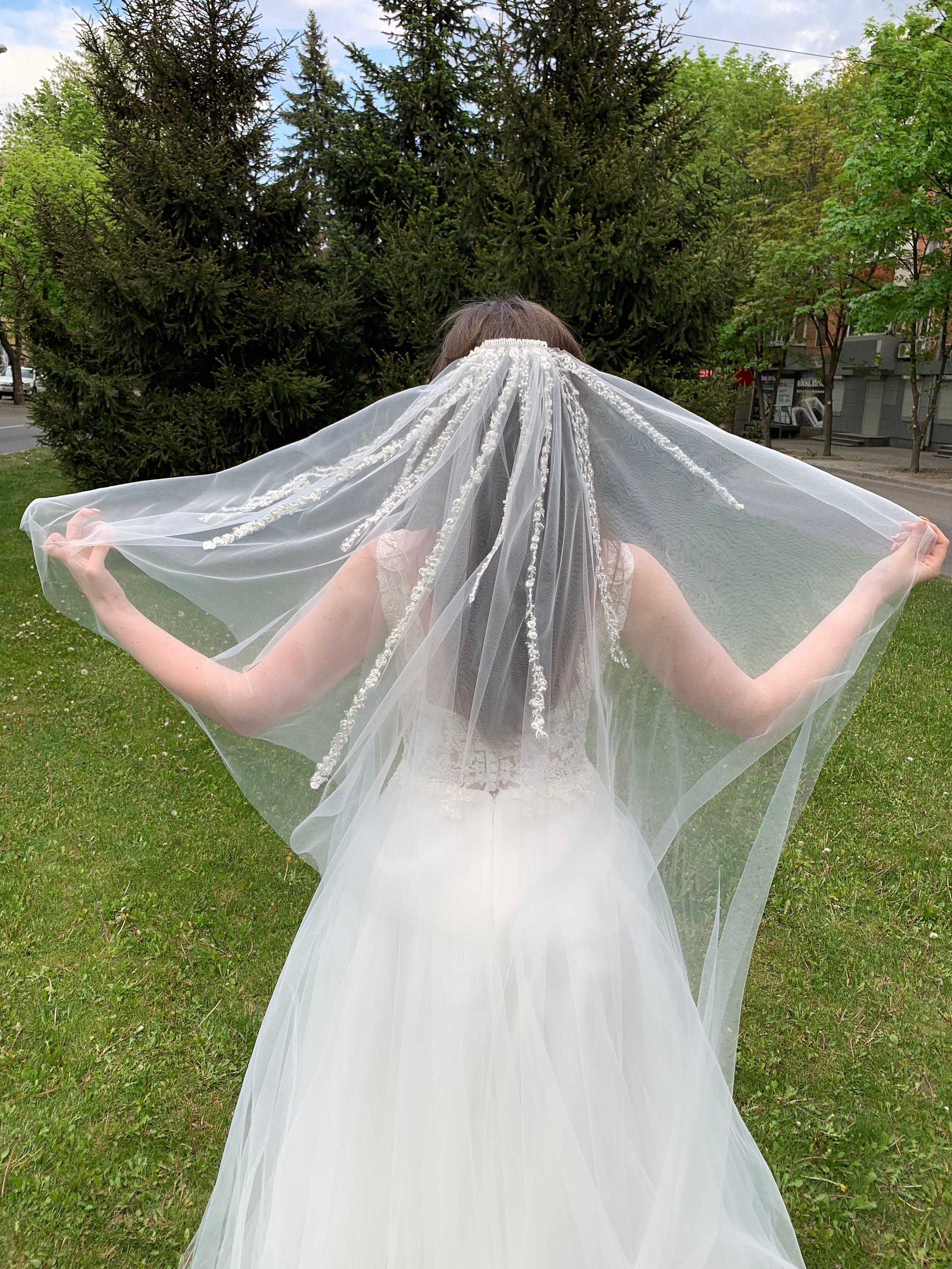 Lace beaded veil veil top decorated light veil chapel veil Etsy