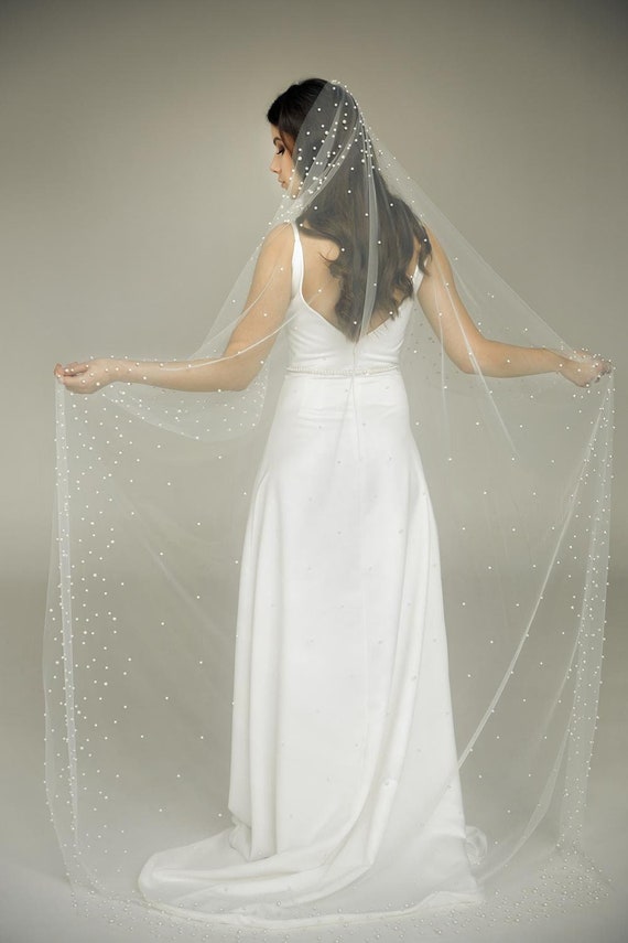 90 Chapel Length Cut Edge Ivory Bridal Veil with Scattered Pearls &  Crystals