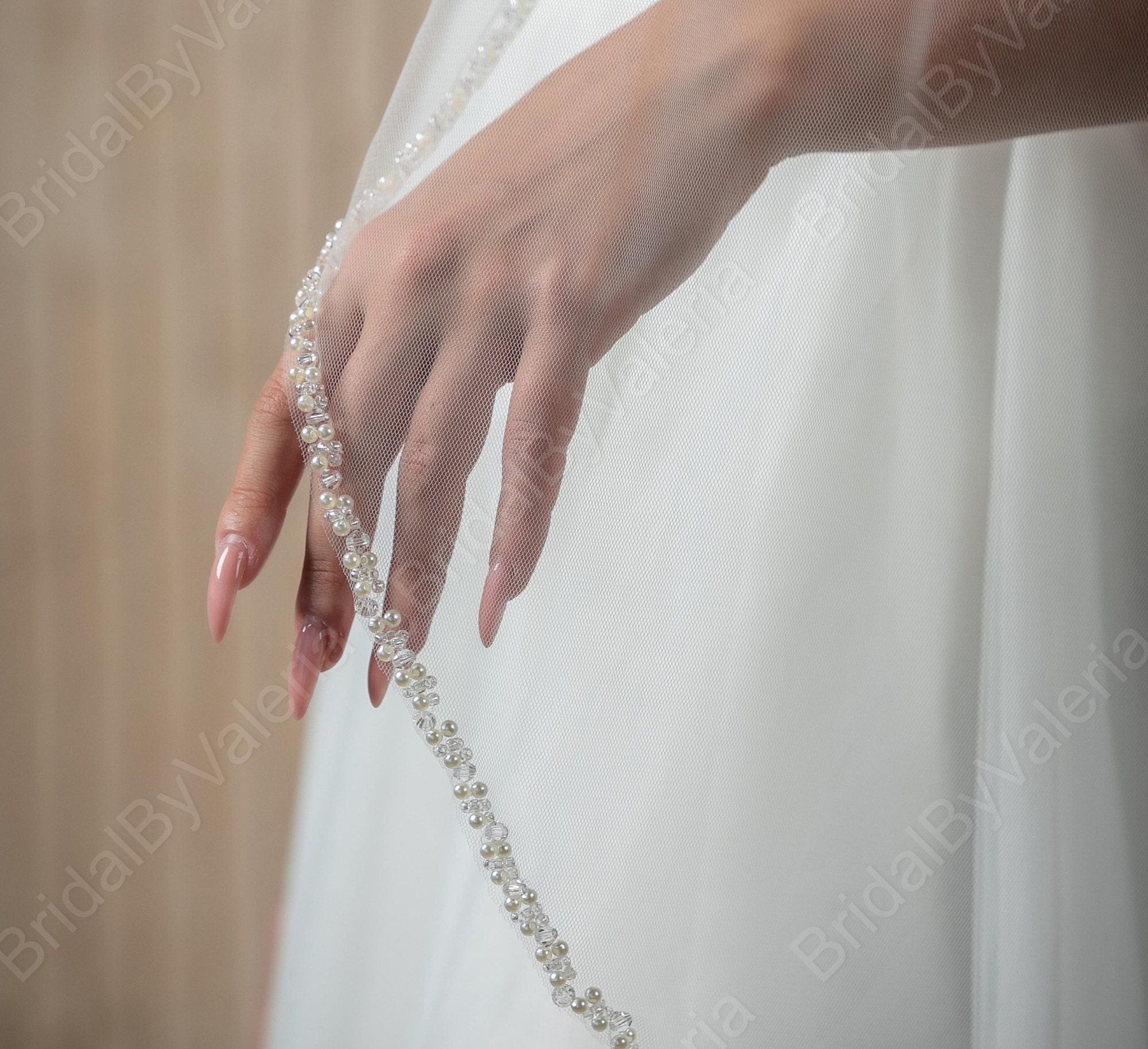 Pearl Beaded Wedding Veil, Beaded edge Veil, Tulle Veil, Ivory Veil, Fingertip Veil, Pearl Bridal Veil, Beaded Edge cathedral bridal veil