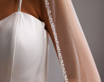 Crystal edge Pearl Beaded Wedding Veil, Beaded edge Veil, Tulle Veil, Ivory Veil, Fingertip Veil, Pearl Bridal Veil, cathedral bridal veil