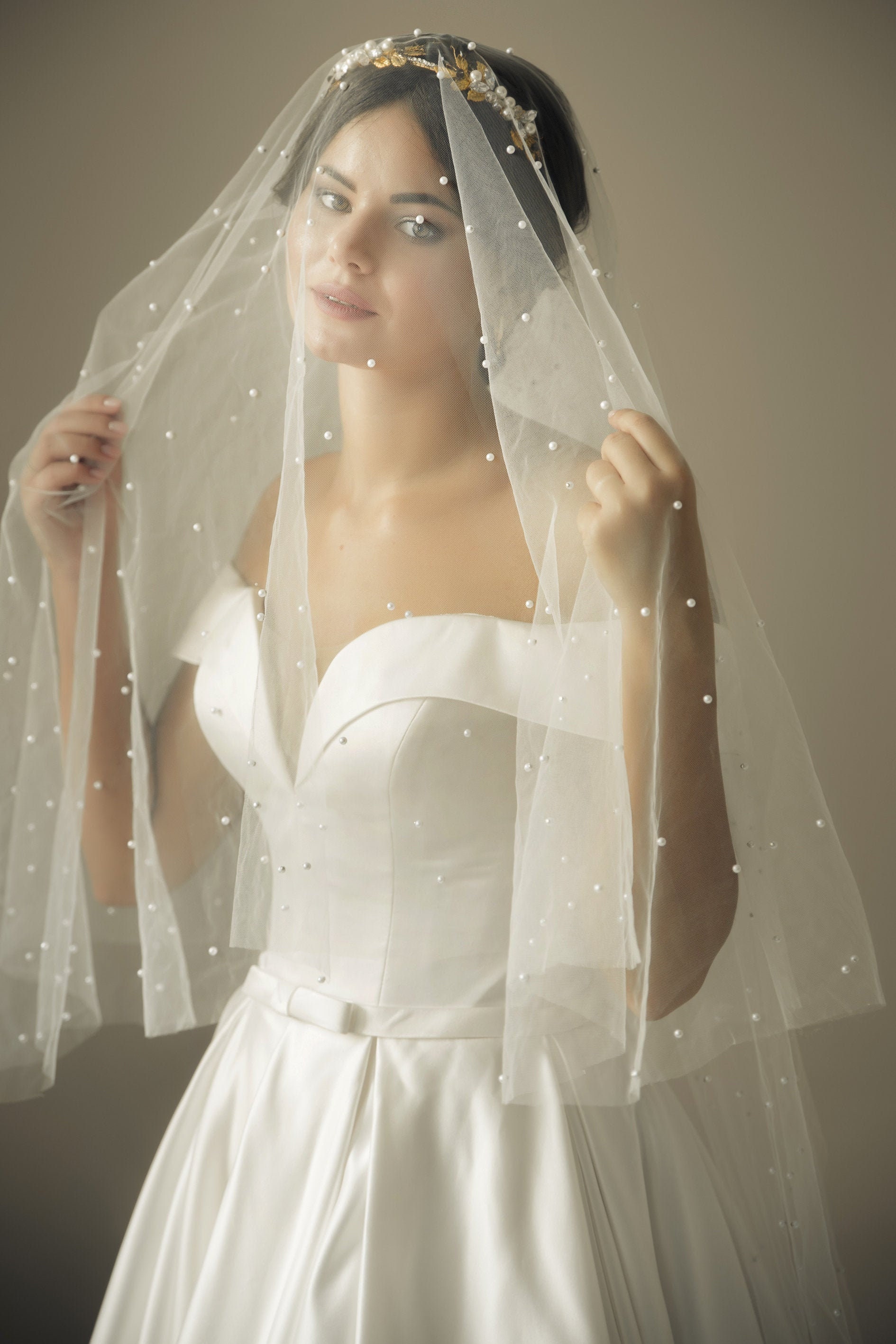 One Blushing Bride Pearl Cathedral Length Wedding Veil with Scattered Beading Light Ivory / 2 Layer Veil