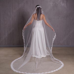 May include: A long white bridal veil with a delicate lace trim. The veil is gathered at the top and falls to the floor in a circle.