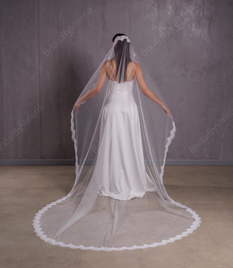 May include: A long white bridal veil with a delicate lace trim. The veil is gathered at the top and falls to the floor in a circle.