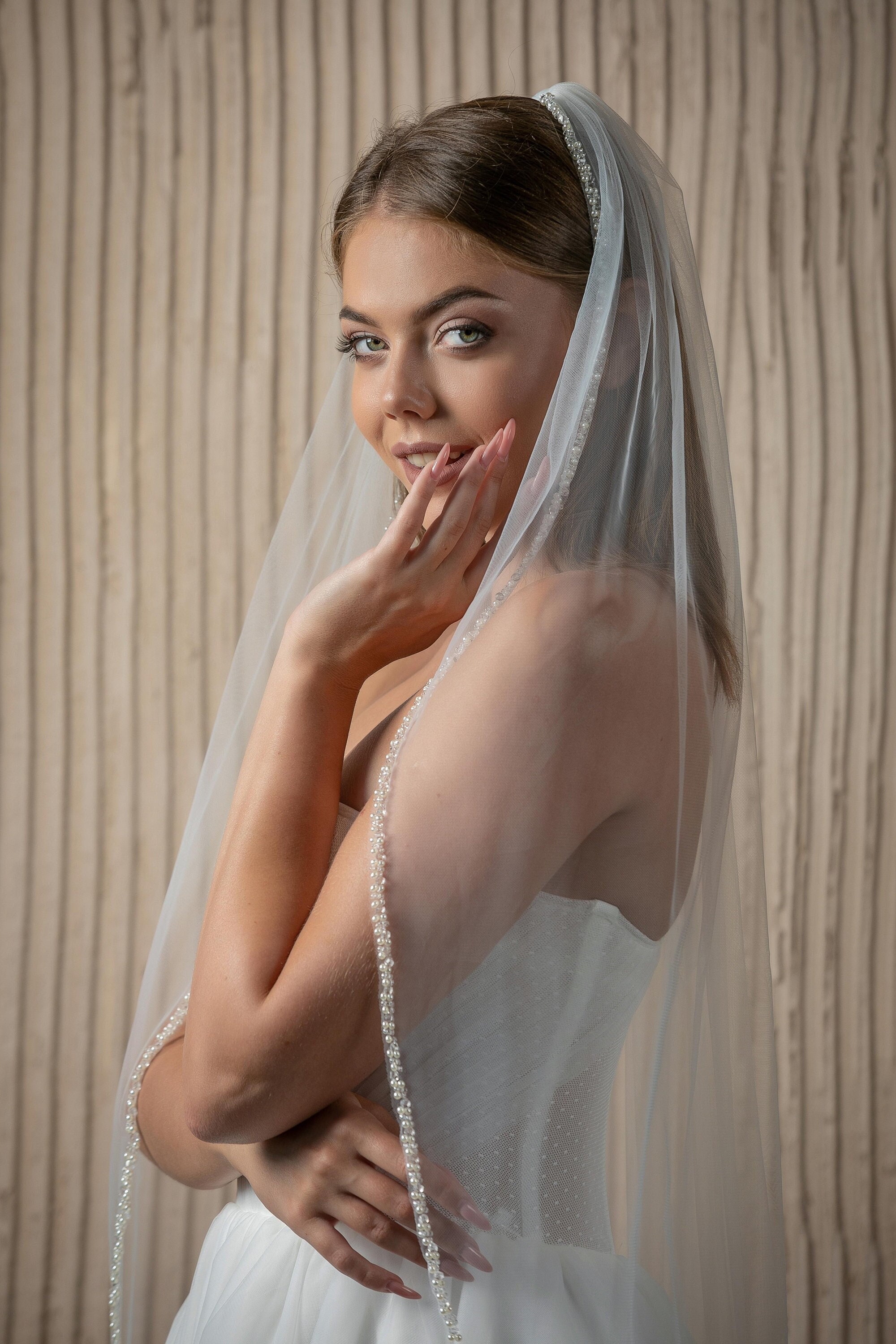 Cathedral Wedding Veil with Beaded Lace Envogue V2098C