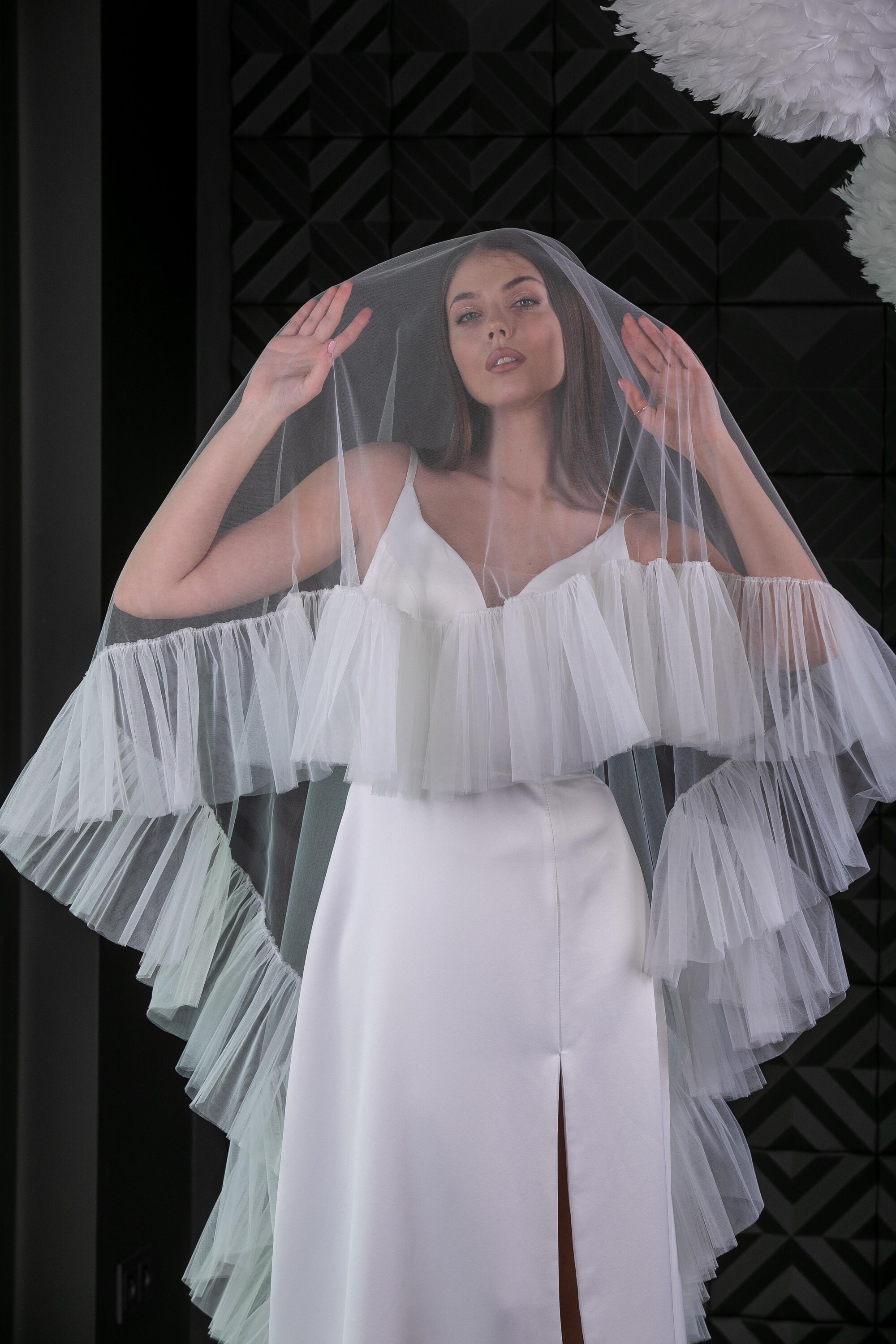 Sheer Blush Tulle Veil with Ruffled Trim - Blush Blush Pink Ruffle Veil – Nine Spells main image 4