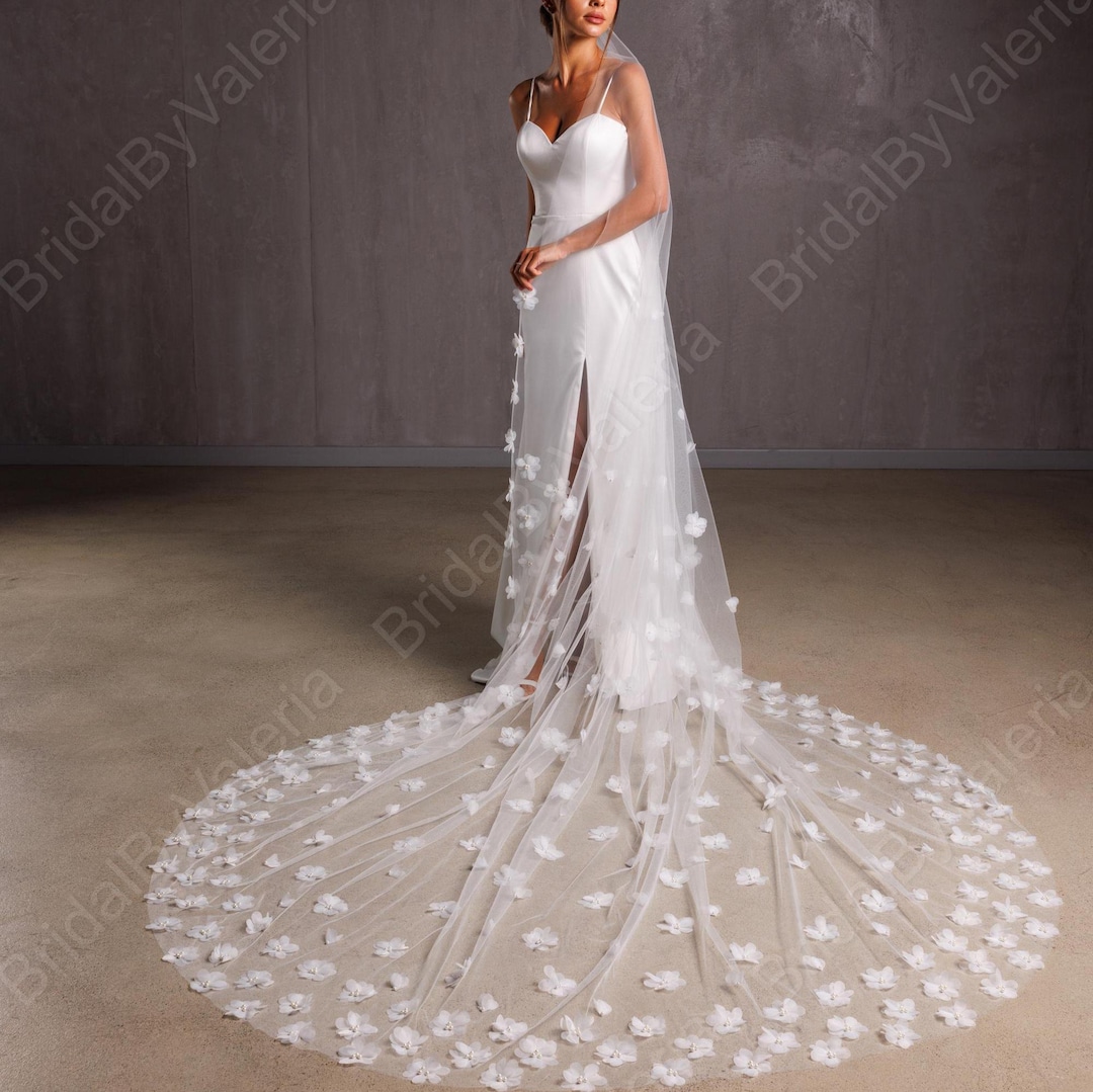 3D Floral Cathedral Veil: Light Ivory Wedding Veil With 