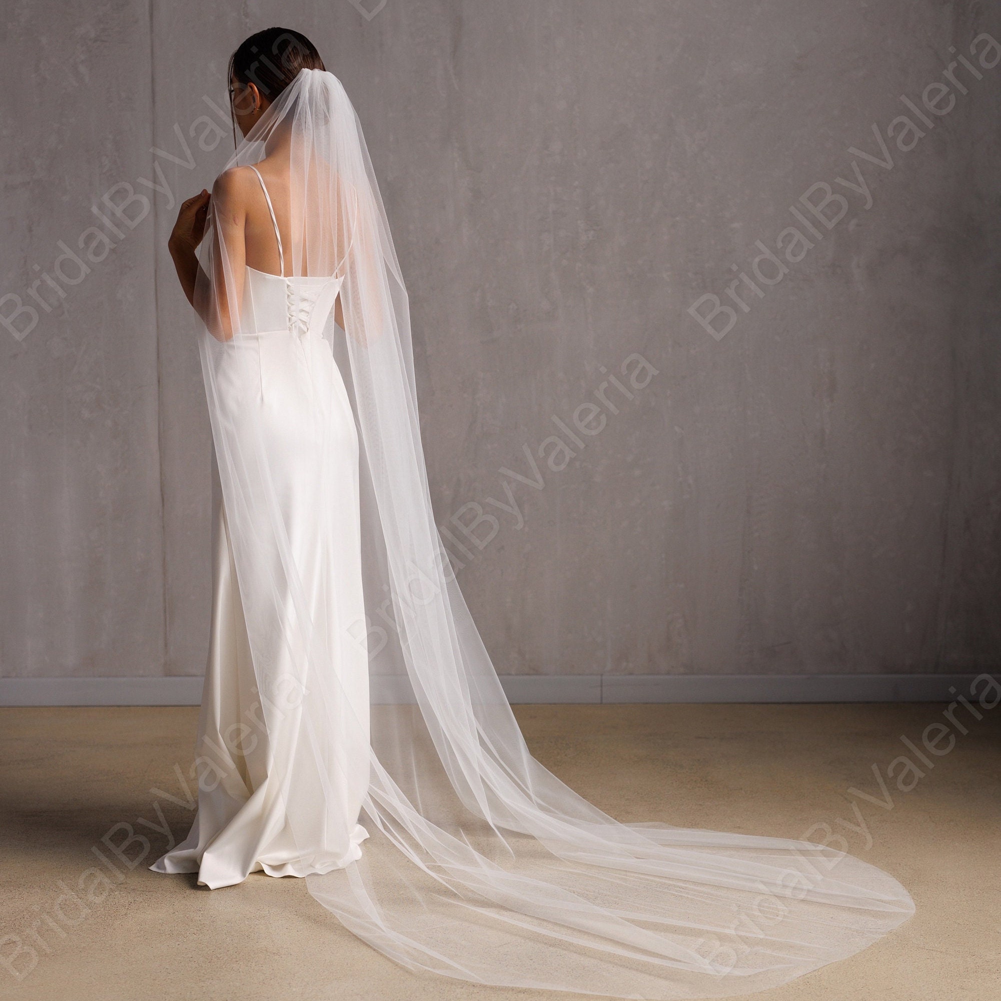 Voile De Mariée Cathédrale 300 Cm - Tulle Doux, 1 Couche, Blanc/Ivoire/Champagne, Style Bohème - 9