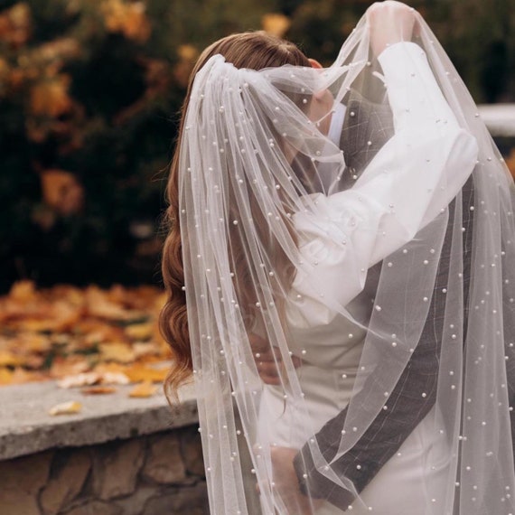 Sheer Pearl-Dotted Tulle Veil Catherdal Veil in Ivory Pearl Wedding Veil, Ivory Bridal Veil, Polka Dot Veil, Tulle  main image 2