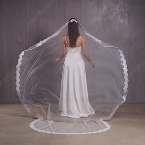 May include: A white bridal veil with a delicate lace trim. The veil is long and flowing, with a circular shape.