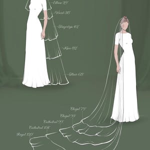 Puede incluir: Ilustraci&oacute;n de un vestido de novia blanco con velo. Las longitudes del velo est&aacute;n etiquetadas: Blusher 76 cm, Elbow 74 cm, Waist 89 cm, Fingertips 107 cm, Knee 132 cm, Floor 165 cm, Chapel 201 cm, Chapel 229 cm, Catedral 251 cm, Catedral 274 cm y Royal 305 cm.
