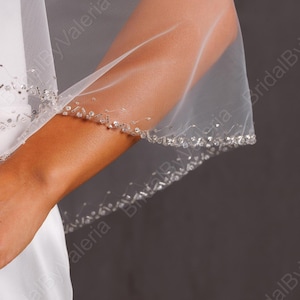 Two layers  veil with blusher Chapel bridal veil with silver beads border beaded Modern Fingertip Veil Ivory Wedding double Tier long veil