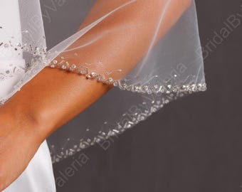 Two layers  veil with blusher Chapel bridal veil with silver beads border beaded Modern Fingertip Veil Ivory Wedding double Tier long veil