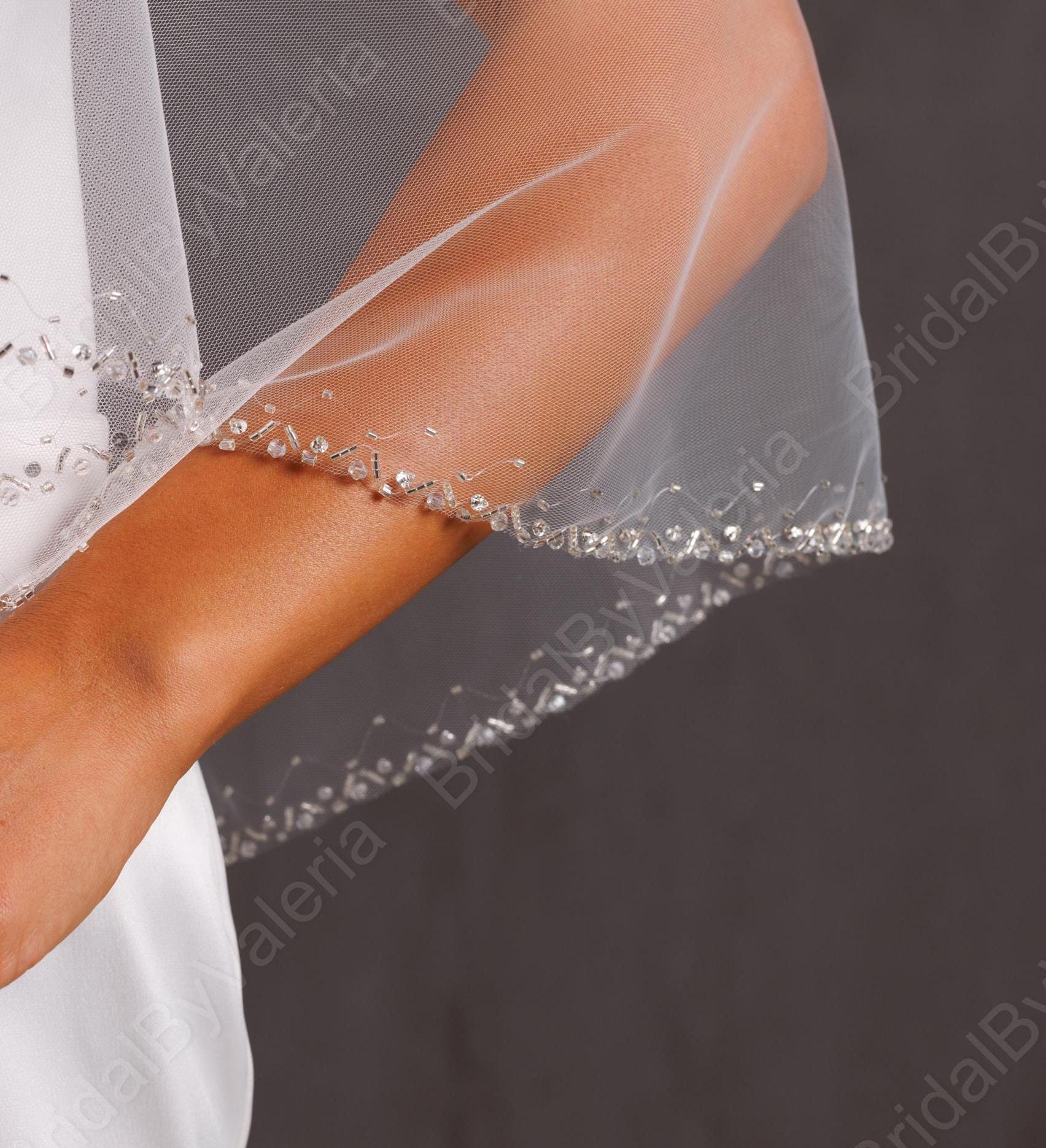 Veil with Silver trim and jewel accents MONICA – Beautiful beaded edge pearl and crystal trim bridal  main image 2