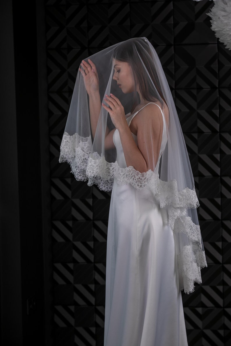 Two layers wedding veil Lace trim bridal veil 2 tires Fingertips double tiers Veil With blusher Long bridal veil 2 layered image 1