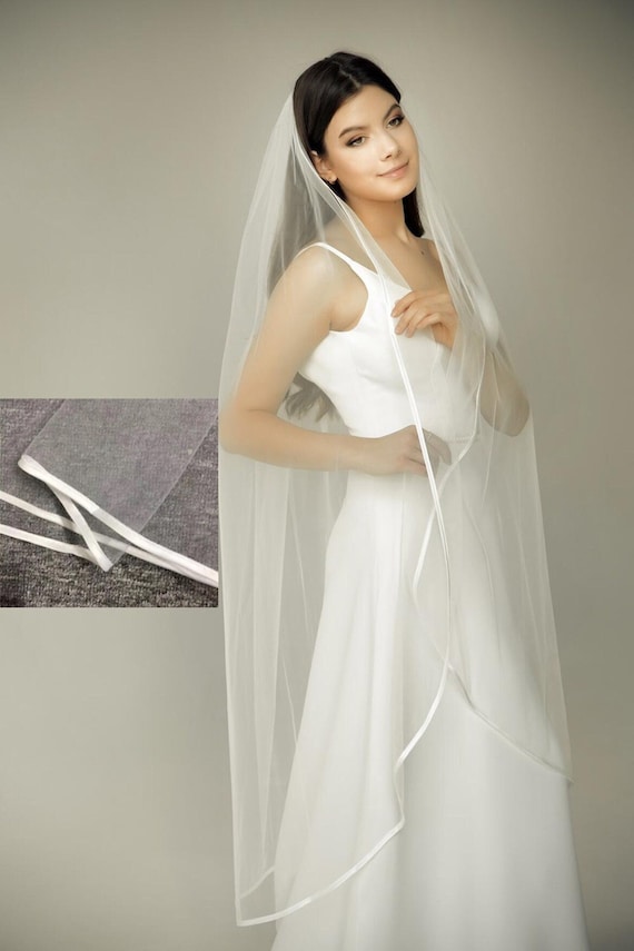 Cathedral Veil with 1/8 Satin Ribbon Trim |  White / 108 Inches
