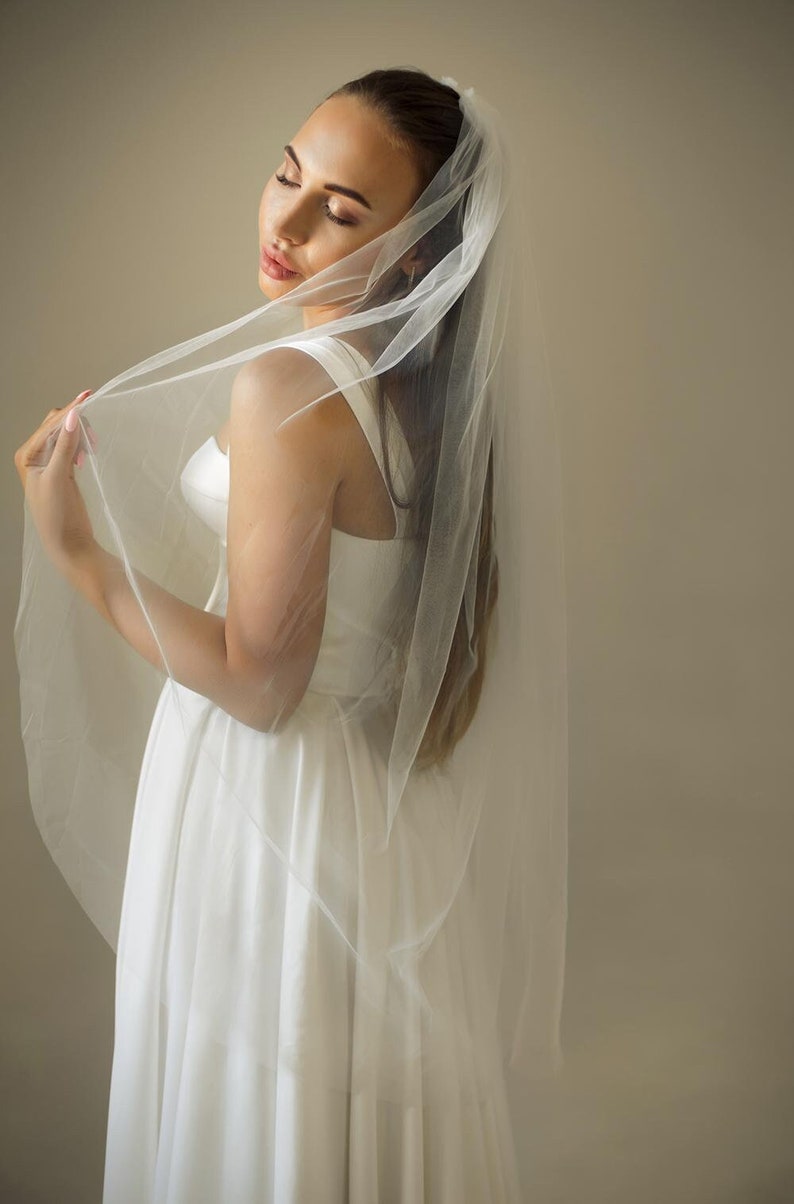 Wedding Veil simple tulle sheer plain bridal veil Raw edge Veil, ivory classic soft bridal veil, plain white wedding veil long 1 tire veil image 2