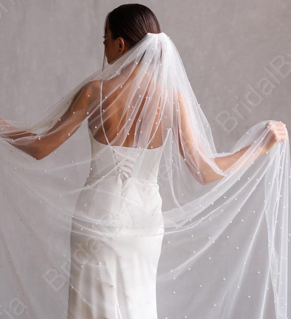 Pearl single layer cathedral bridal veil with scattered pearls for modern stylish wedding