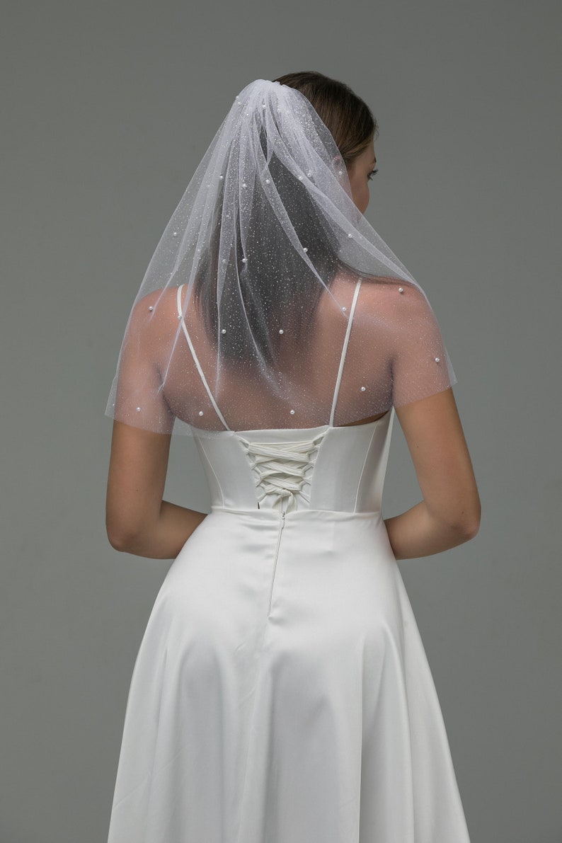 Short wedding veil, Mini veil, Party veil, Shoulder Length Veil, Pearl Simple Single Tier Veil, hen party veil, bachelorette idea image 7