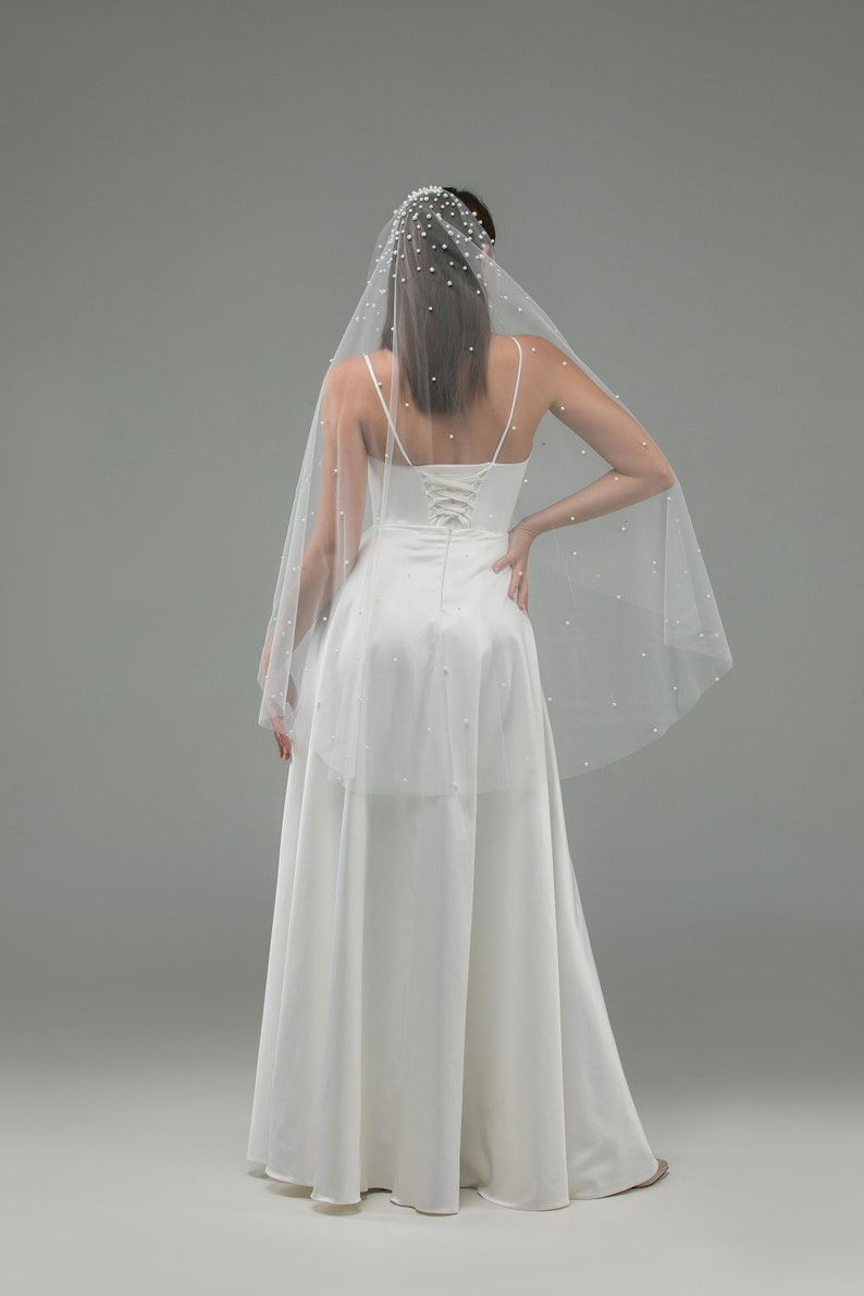 Cascading Pearl Veil with, scattered pearls concentrated at the top of veil, Elegant cathedral bridal veil, cascade fingertips pearl veil image 4