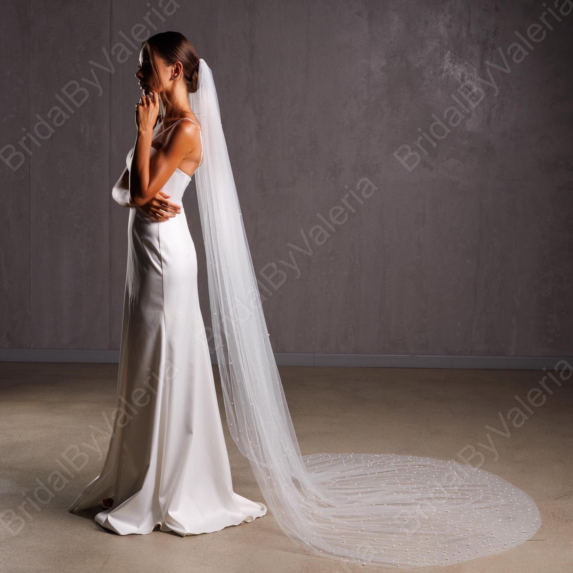 Cascading Pearl Wedding Veil: Ivory Cathedral or Fingertip Length