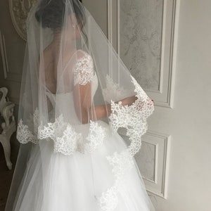 Cathedral Wedding veil Lace wedding veil Lace trim bridal veil 2 tires Fingertip double tiers Veil Ivory Wedding Veil Long bridal veil