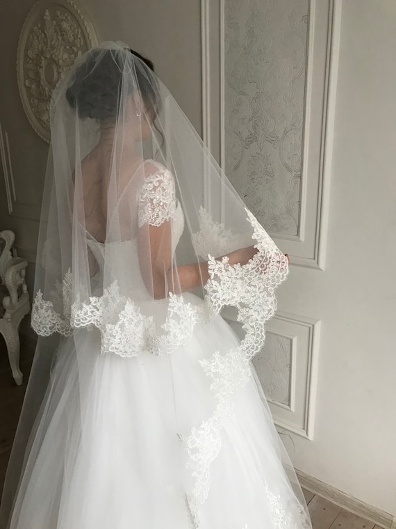 BridalByValeria Cathedral Wedding Veil Lace Wedding Veil Lace Trim Bridal Veil 2 Tires Fingertip Double Tiers Veil Ivory Wedding Veil Long Bridal Veil