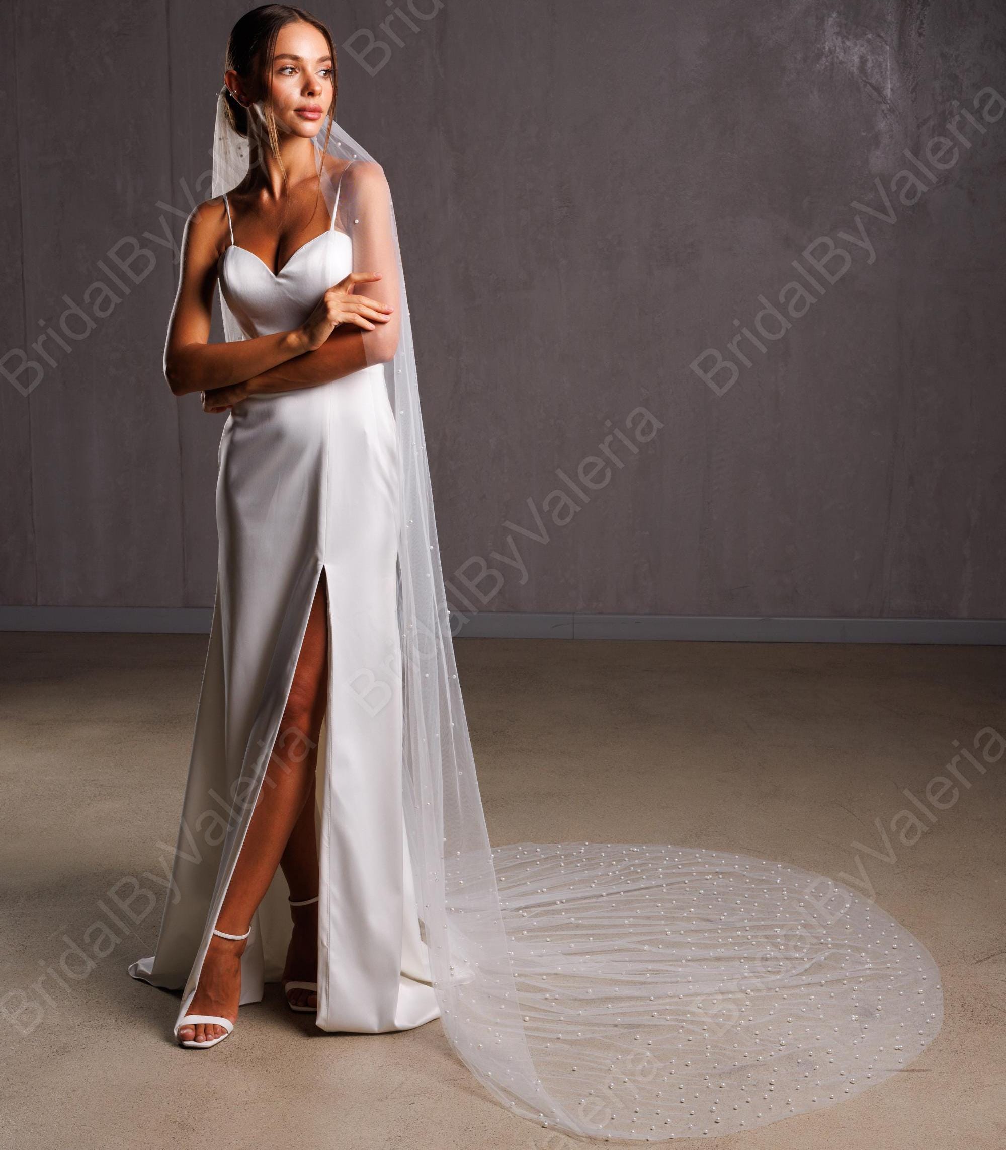 Cascading Pearl Wedding Veil: Ivory Cathedral or Fingertip 