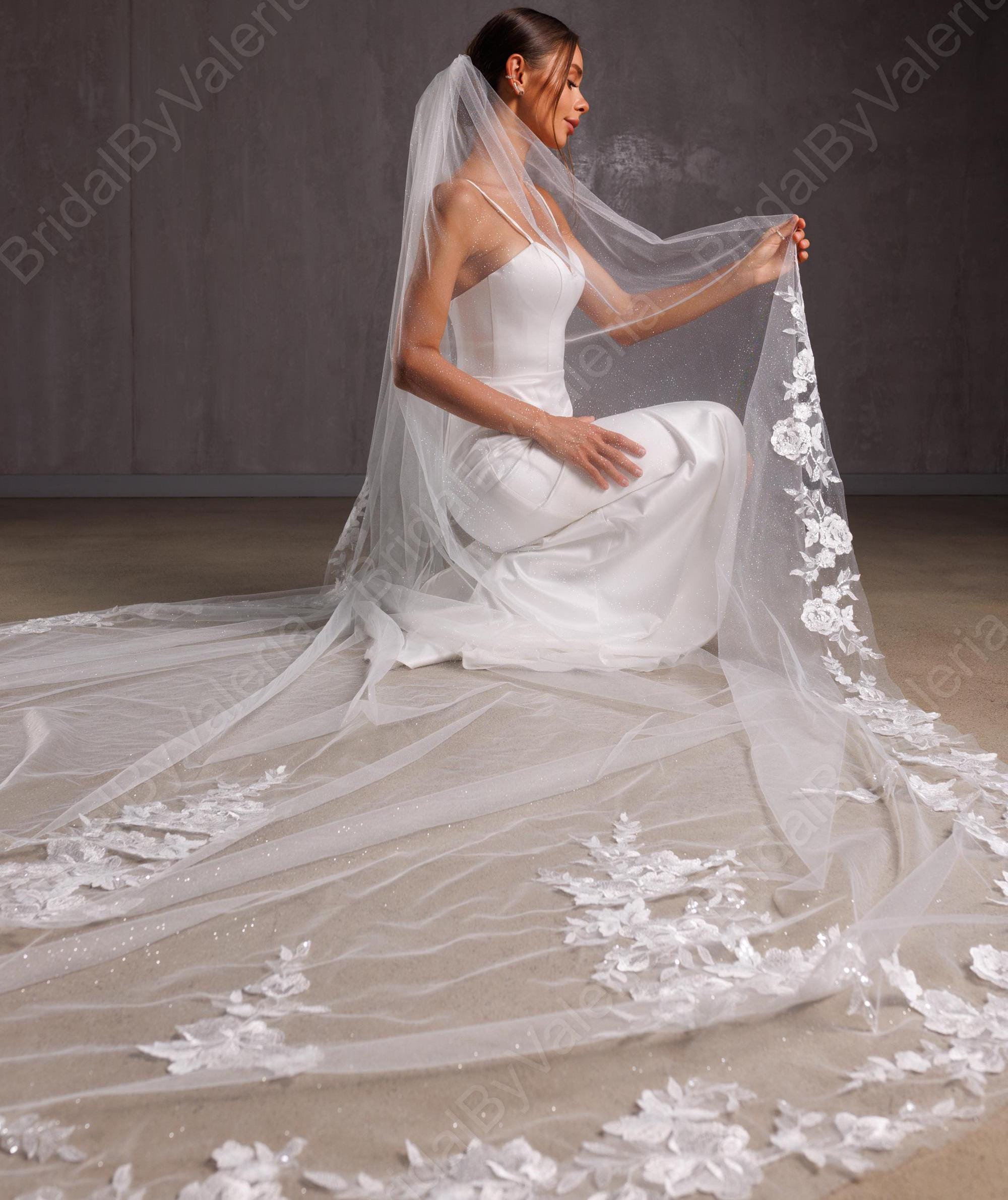 Floral Lace Cathedral Wedding Veil: Glittery Ivory Bridal 
