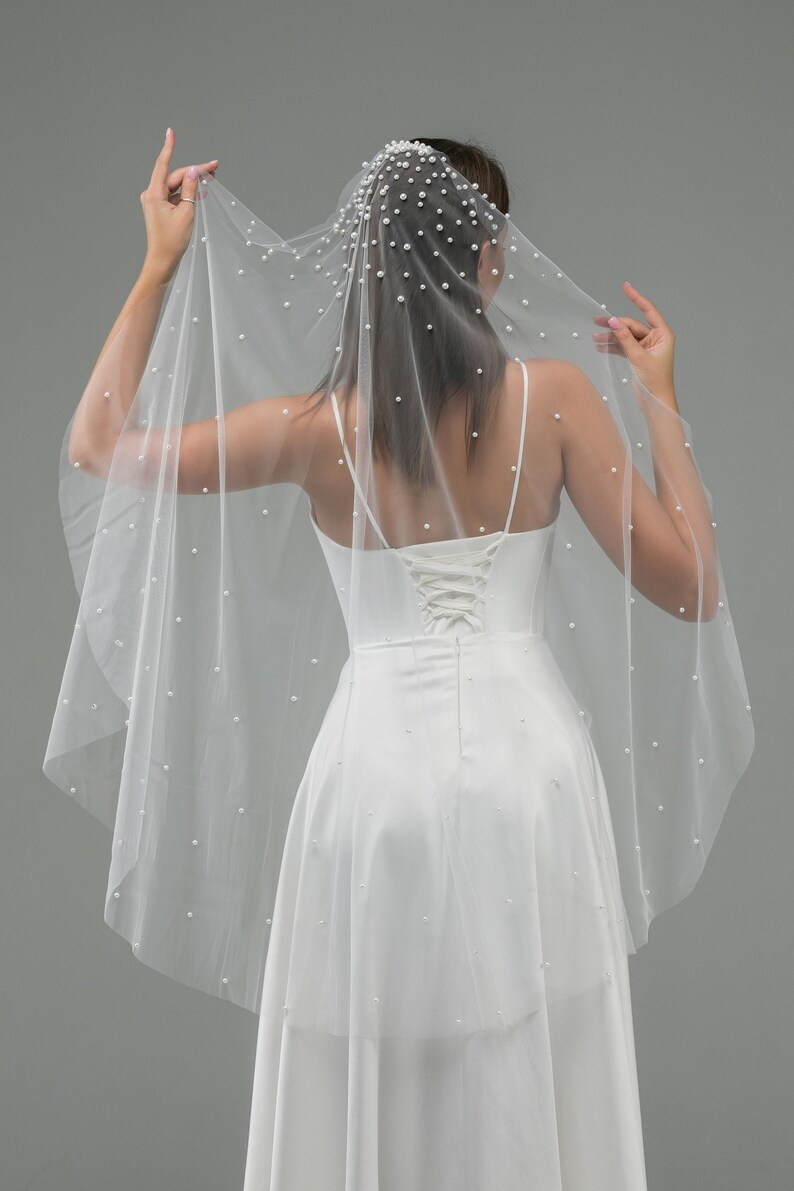 Cascading Pearl Veil with, scattered pearls concentrated at the top of veil, Elegant cathedral bridal veil, cascade fingertips pearl veil image 2