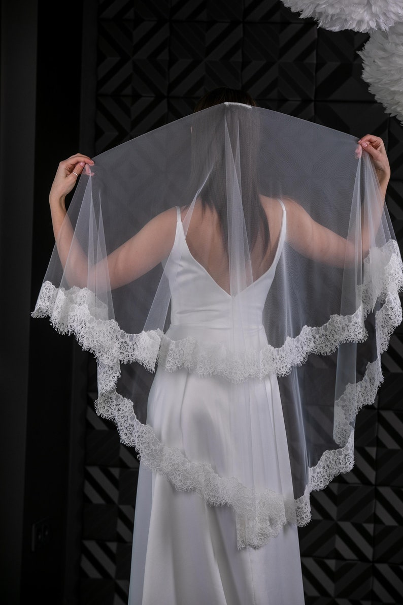 Two layers wedding veil Lace trim bridal veil 2 tires Fingertips double tiers Veil With blusher Long bridal veil 2 layered image 3