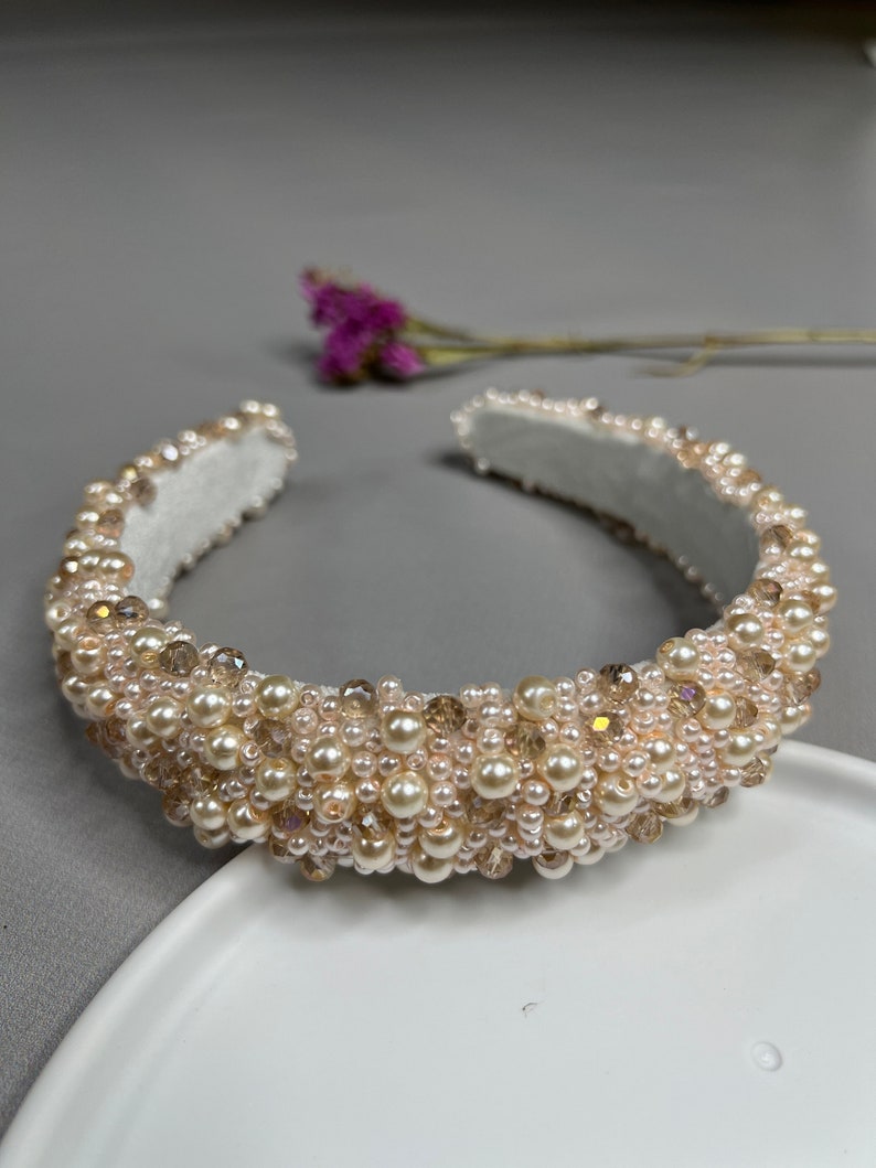 Pearl bridal headband, wide wedding hair piece, ivory white blush headpiece, crystal bridal shower hair piece, Wedding pearls headband image 8