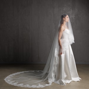 Puede incluir: Vestido de novia blanco con una larga cola y velo a juego. El velo presenta un delicado ribete de encaje. El vestido tiene un corpi&ntilde;o sin tirantes y una falda amplia, creando una silueta elegante. La cola mide unos 200 cm.