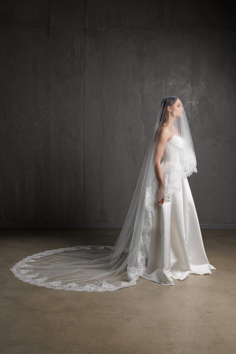 Puede incluir: Vestido de novia blanco con una larga cola y velo a juego. El velo presenta un delicado ribete de encaje. El vestido tiene un corpi&ntilde;o sin tirantes y una falda amplia, creando una silueta elegante. La cola mide unos 200 cm.