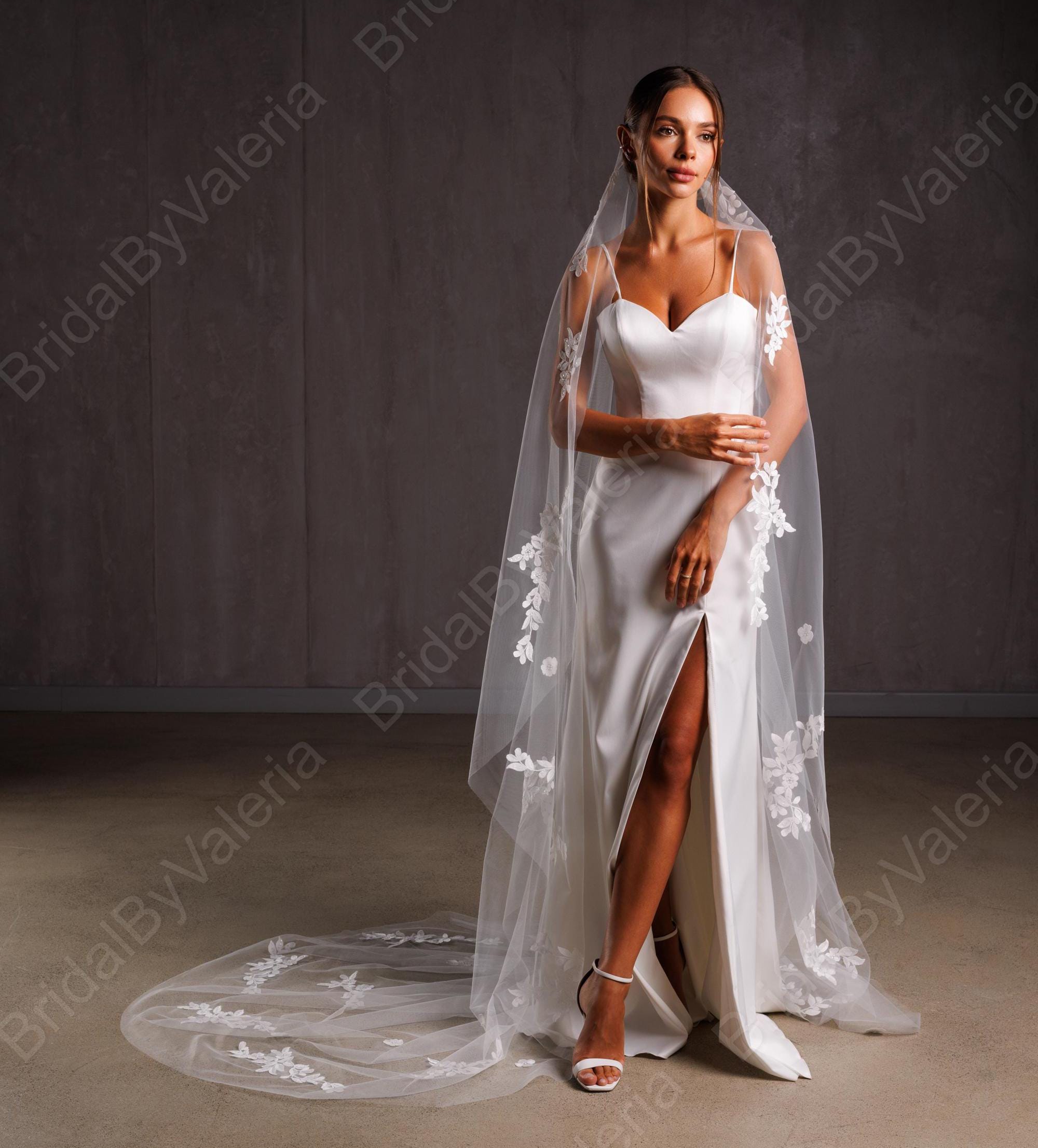 Cathedral Rounded one layer Lace wedding veil Lace trim bridal veil 1 tire Fingertip one layer Veil Ivory Wedding Veil Long bridal veil