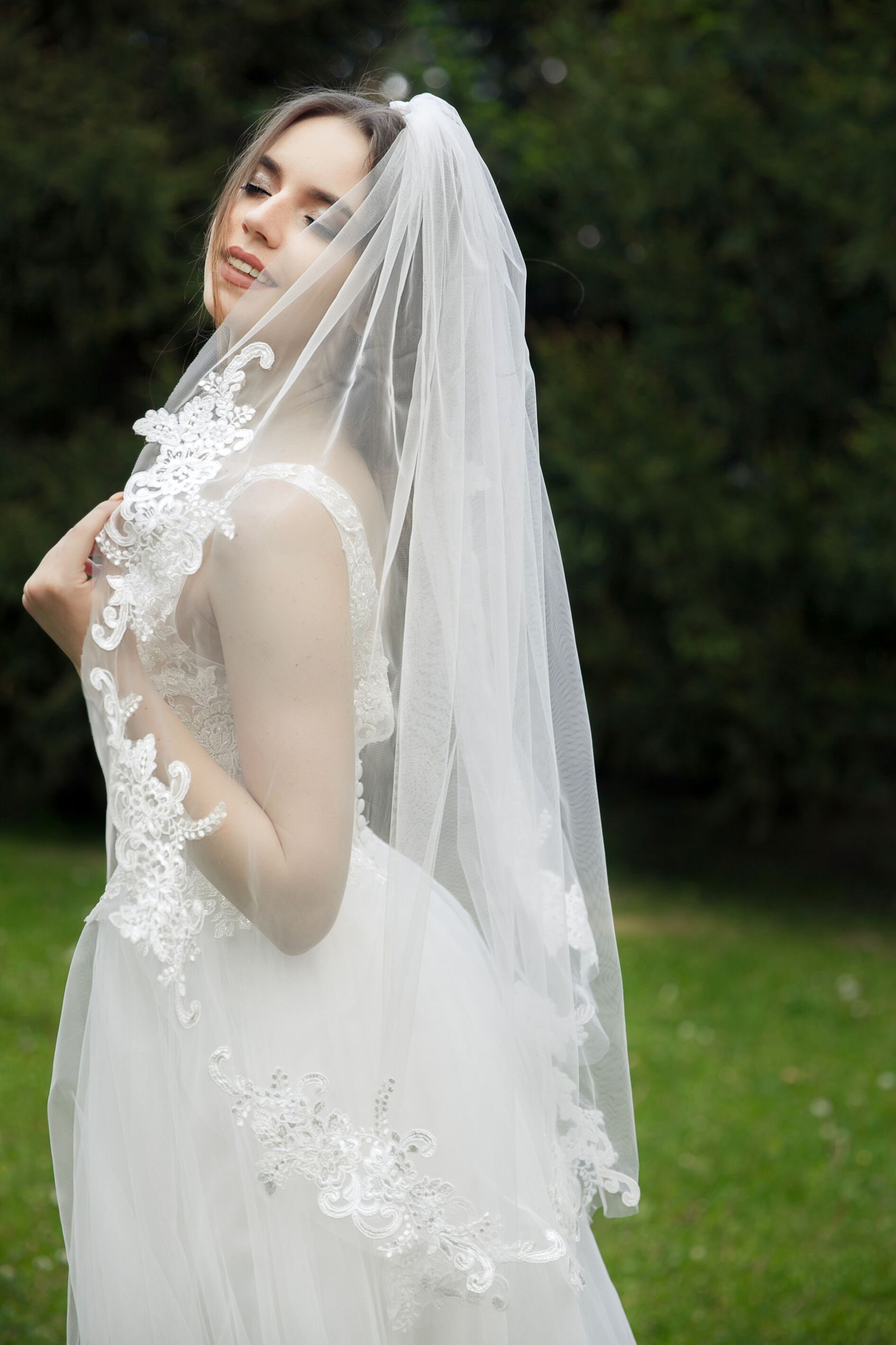 One Blushing Bride Fingertip Length Mantilla Wedding Veil with Beaded Lace Trim White / Fingertip 35-38 inch / No Beading
