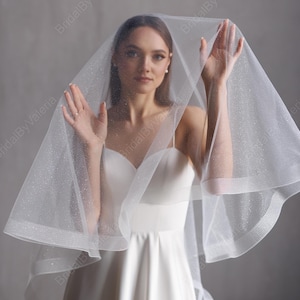 May include: A white bridal veil with a delicate sparkle pattern. The veil is made of soft tulle and has a scalloped edge.